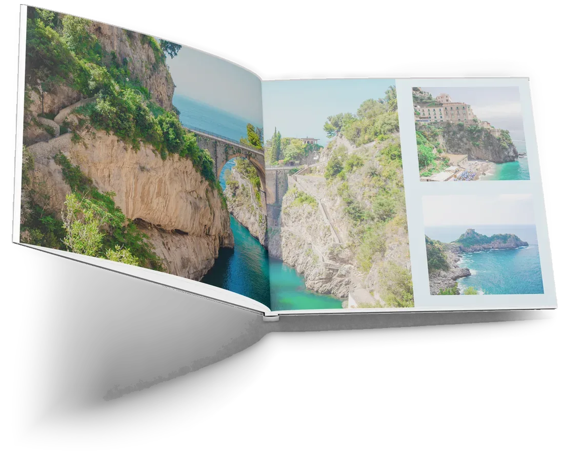 The square Amalfi example book, open: the Furore gorge with its bridge across both pages